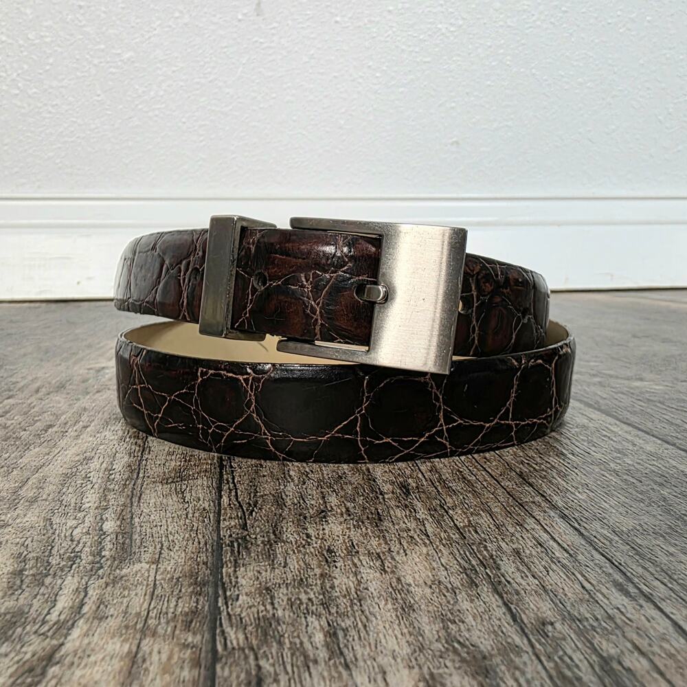 Anne Klein 2 Brown Croc Embossed Italian Calfskin Leather Belt L Silver Buckle